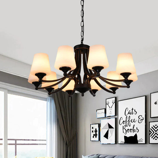 Traditional Tulip Chandelier Light Fixture 3/5/8 Bulbs Milky Glass Pendant Lighting In Black For