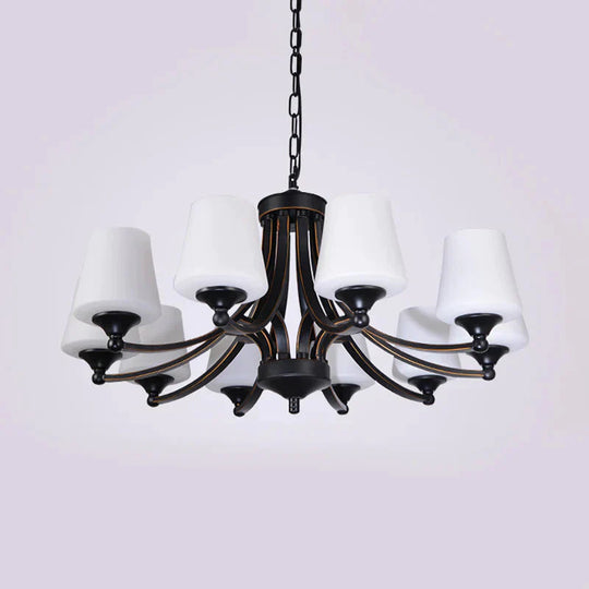 Traditional Tulip Chandelier Light Fixture 3/5/8 Bulbs Milky Glass Pendant Lighting In Black For