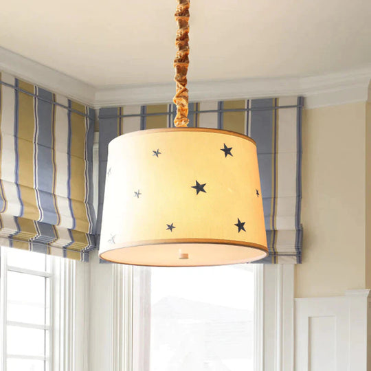 Drum Fabric Chandelier Light Fixture Kids 5 Bulbs Beige Suspension Lighting With Star Pattern For