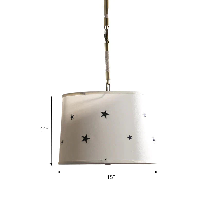 Drum Fabric Chandelier Light Fixture Kids 5 Bulbs Beige Suspension Lighting With Star Pattern For