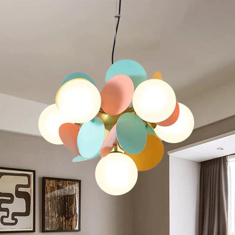 Modern Orb Ceiling Chandelier Cream Glass 6 Heads Bedroom Hanging Light Fixture In Green - Yellow -