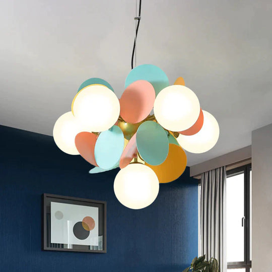 Modern Orb Ceiling Chandelier Cream Glass 6 Heads Bedroom Hanging Light Fixture In Green - Yellow -