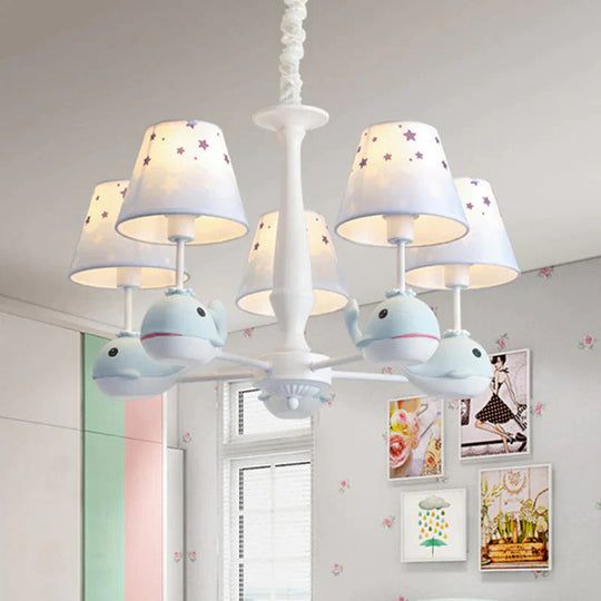 Kids Whale Resin Chandelier Lighting 5 Bulbs Pendant Ceiling Light In Blue With Conical Fabric Shade
