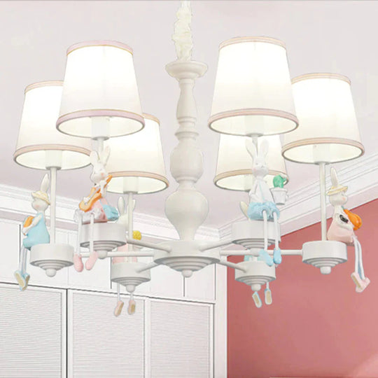 Cartoon Rabbit Resin Pendant Chandelier Kids 5 - Head White Hanging Lamp With Tapered Fabric Shade