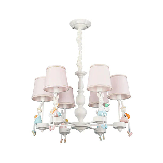 Cartoon Rabbit Resin Pendant Chandelier Kids 5 - Head White Hanging Lamp With Tapered Fabric Shade