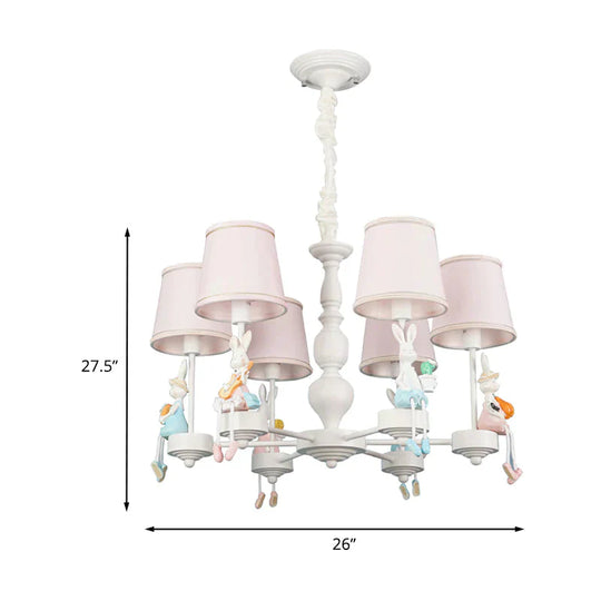 Cartoon Rabbit Resin Pendant Chandelier Kids 5 - Head White Hanging Lamp With Tapered Fabric Shade