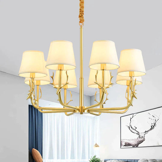 Tapered Fabric Chandelier Colonialism 3/6/8 Lights Living Room Pendant In Gold With Copper Deer Head