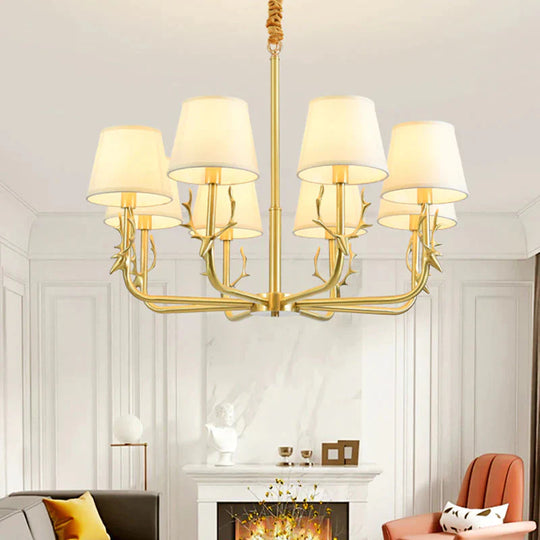 Tapered Fabric Chandelier Colonialism 3/6/8 Lights Living Room Pendant In Gold With Copper Deer