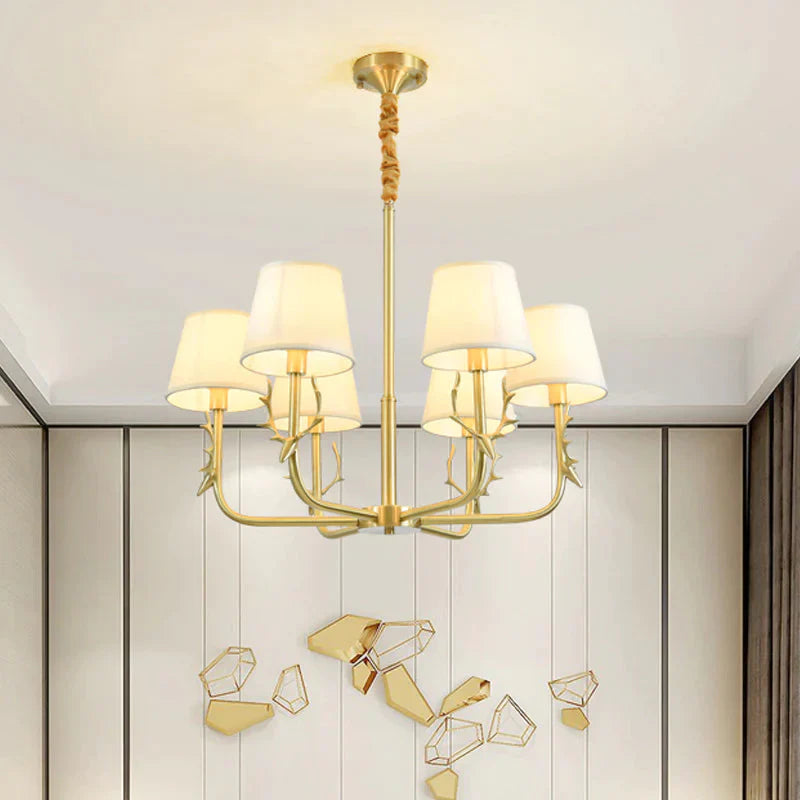 Tapered Fabric Chandelier Colonialism 3/6/8 Lights Living Room Pendant In Gold With Copper Deer