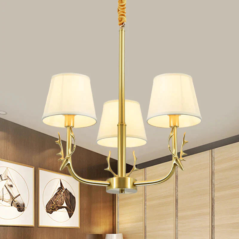 Tapered Fabric Chandelier Colonialism 3/6/8 Lights Living Room Pendant In Gold With Copper Deer Head