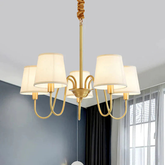 Gold Barrel Pendant Chandelier Colonial Fabric 3/5/8 Bulbs Living Room Ceiling Light With Gooseneck