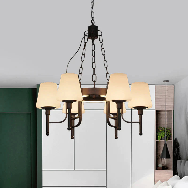 Traditional Tapered Chandelier Pendant Light 6 Heads Clear/Cream Glass Hanging Lamp In Rust For