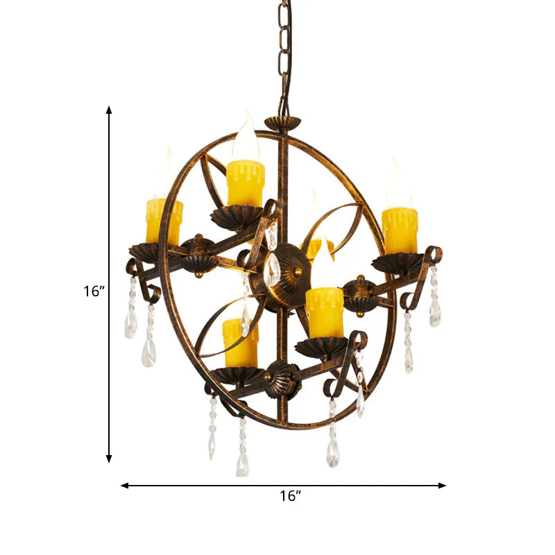 6 - Bulb Pendant Chandelier Vintage Candle Iron Hanging Light In Rust With Circle Design And