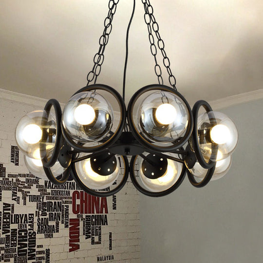 Industrial Black Chandelier With 6/8 Bulbs & Clear Glass Globe Pendants