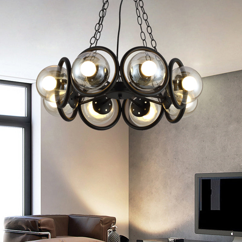 Industrial Black Chandelier With 6/8 Bulbs & Clear Glass Globe Pendants