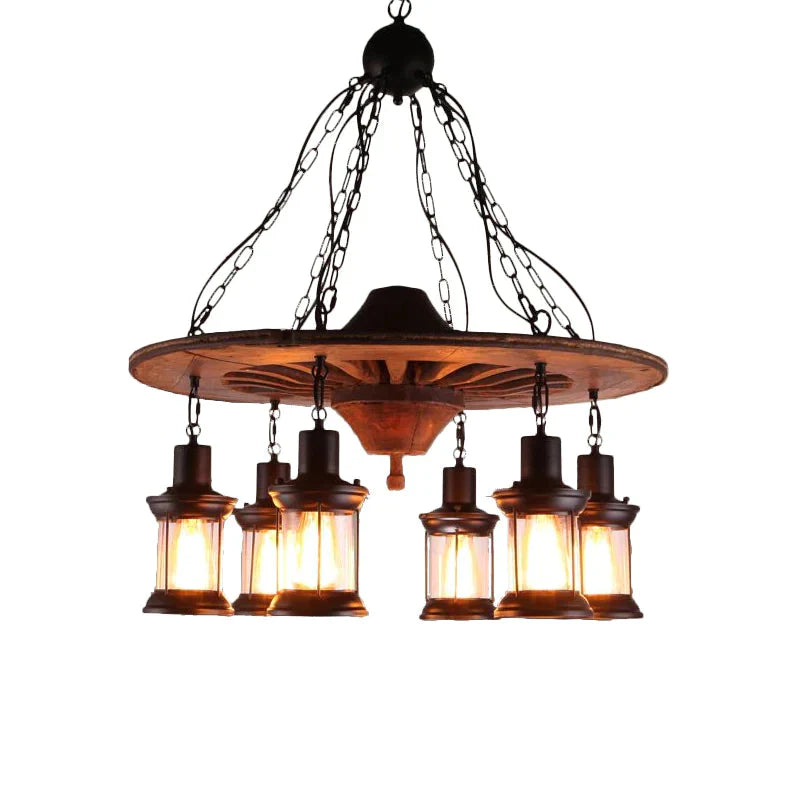 Antique Wooden Style Wheel Chandelier 6 Heads Black Ceiling Light With Lantern Clear Glass Shade