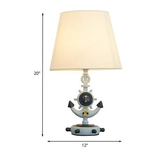 Adeline - Blue Cone Night Table Light Mediterranean 1 - Head Fabric Nightstand Lamp With Anchor Base