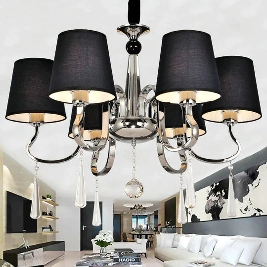 6/8 Heads Metal Suspension Lamp Country Conic Fabric Chandelier Pendant Light In Black With Crystal