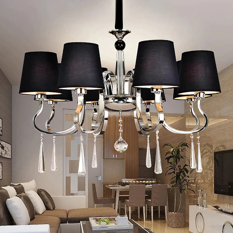 6/8 Heads Metal Suspension Lamp Country Conic Fabric Chandelier Pendant Light In Black With Crystal