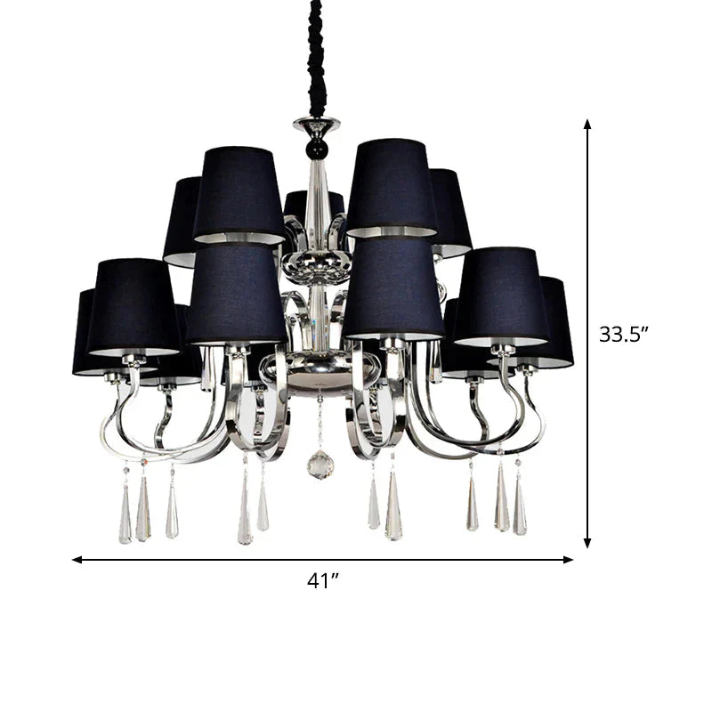 6/8 Heads Metal Suspension Lamp Country Conic Fabric Chandelier Pendant Light In Black With Crystal