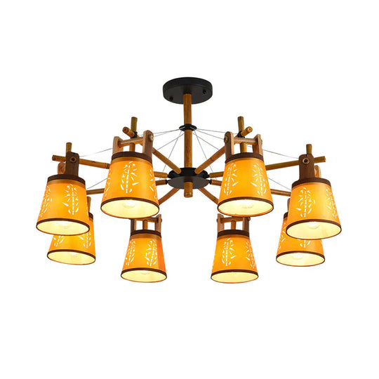 Tapered Fabric Chandelier Country Style 3/6/8 Bulbs Living Room Hanging Lamp Kit With Wood Shelf