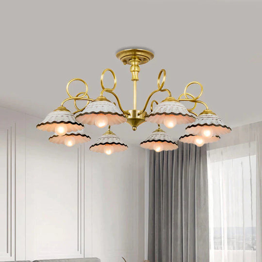 3/6 Heads Flared Chandelier Lamp Traditional Gold Ceramic Pendant Lighting Fixture With Swirl Arm