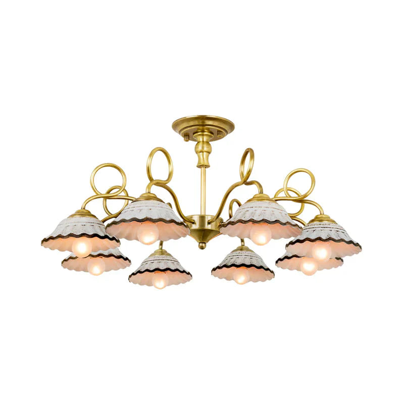 3/6 Heads Flared Chandelier Lamp Traditional Gold Ceramic Pendant Lighting Fixture With Swirl Arm