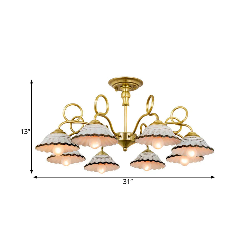 3/6 Heads Flared Chandelier Lamp Traditional Gold Ceramic Pendant Lighting Fixture With Swirl Arm