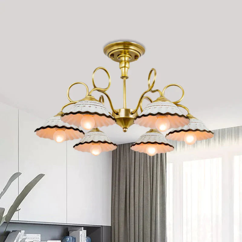 3/6 Heads Flared Chandelier Lamp Traditional Gold Ceramic Pendant Lighting Fixture With Swirl Arm