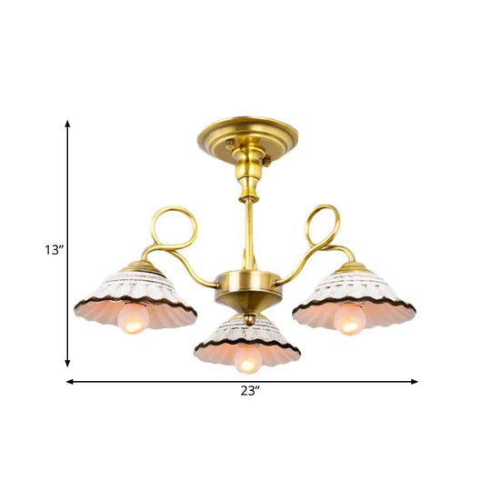 3/6 Heads Flared Chandelier Lamp Traditional Gold Ceramic Pendant Lighting Fixture With Swirl Arm