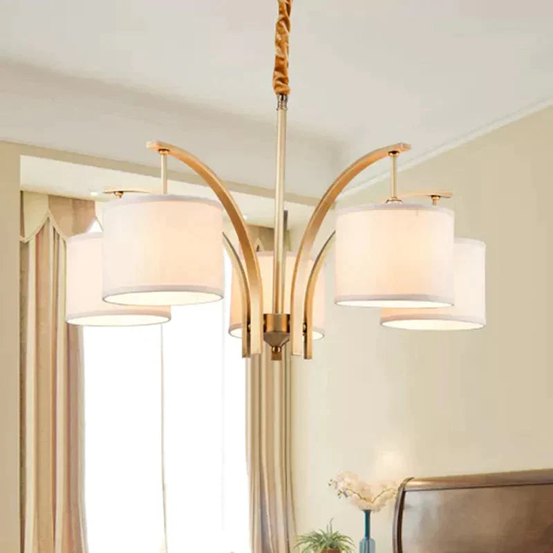 3/5 Bulbs Chandelier Lighting Country Drum Shade Fabric Hanging Lamp In Gold With Metal Curved Arm