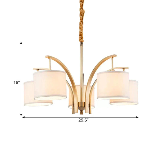 3/5 Bulbs Chandelier Lighting Country Drum Shade Fabric Hanging Lamp In Gold With Metal Curved Arm