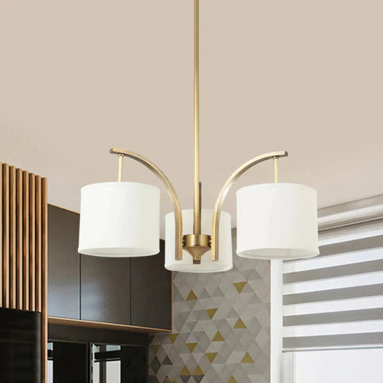 3/5 Bulbs Chandelier Lighting Country Drum Shade Fabric Hanging Lamp In Gold With Metal Curved Arm