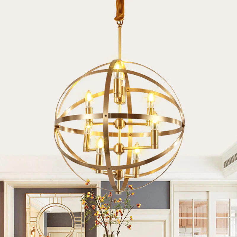 8 Bulbs Chandelier Lamp Traditional Candelabra Metallic Hanging Ceiling Light In Gold With Globe