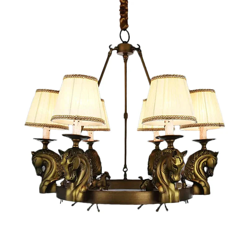 Tapered Fabric Chandelier Light Fixture Country 6 Heads Living Room Pendant Lamp In White/Bronze