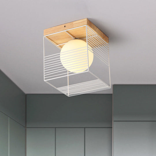 Minimalist Nordic Cage Ceiling Light With Glass Shade And Wood Canopy - Black/White Cubic Iron