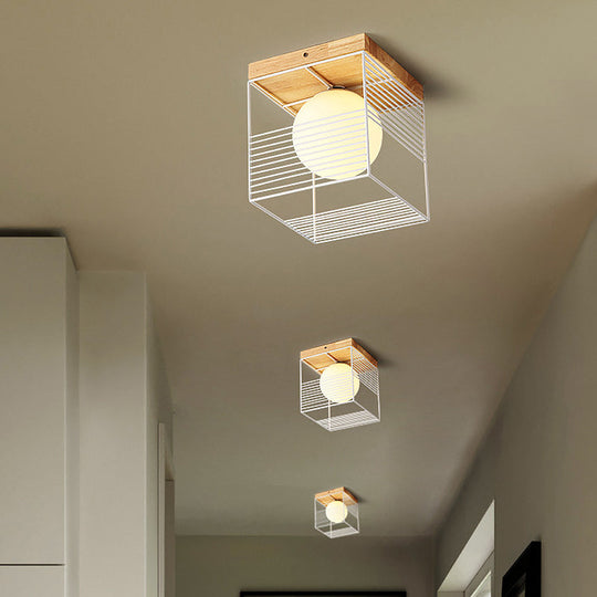 Minimalist Nordic Cage Ceiling Light With Glass Shade And Wood Canopy - Black/White Cubic Iron