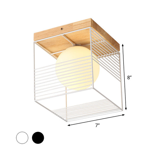 Minimalist Nordic Cage Ceiling Light With Glass Shade And Wood Canopy - Black/White Cubic Iron