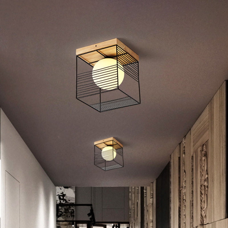 Minimalist Nordic Cage Ceiling Light With Glass Shade And Wood Canopy - Black/White Cubic Iron