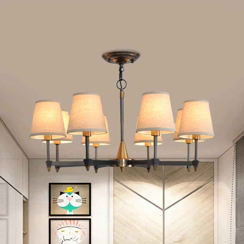Cone Fabric Pendant Chandelier Country 3/6/8 Heads Hanging Ceiling Light In Black For Living Room