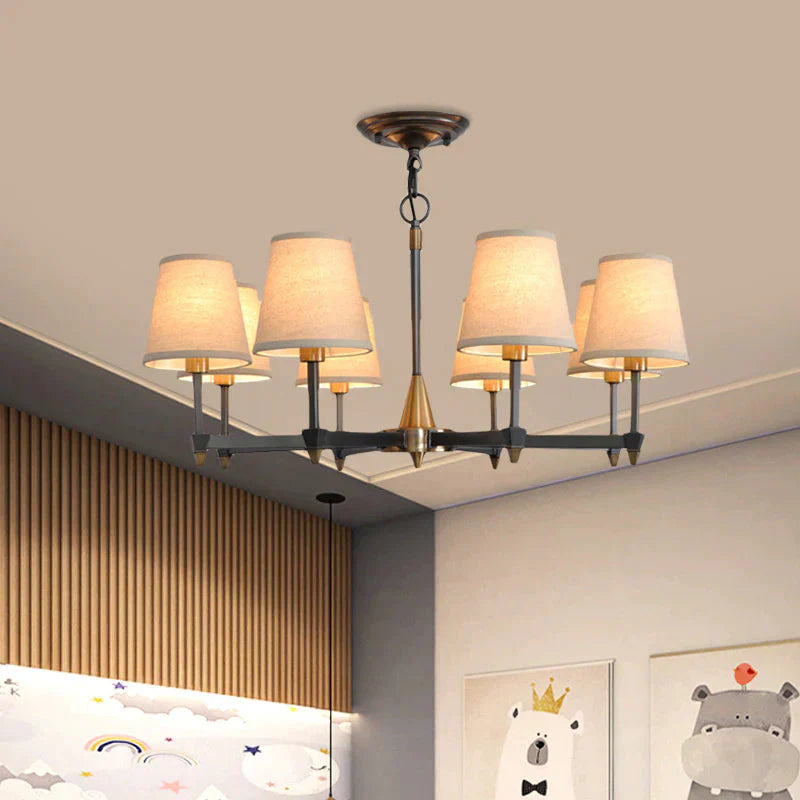 Cone Fabric Pendant Chandelier Country 3/6/8 Heads Hanging Ceiling Light In Black For Living Room 8