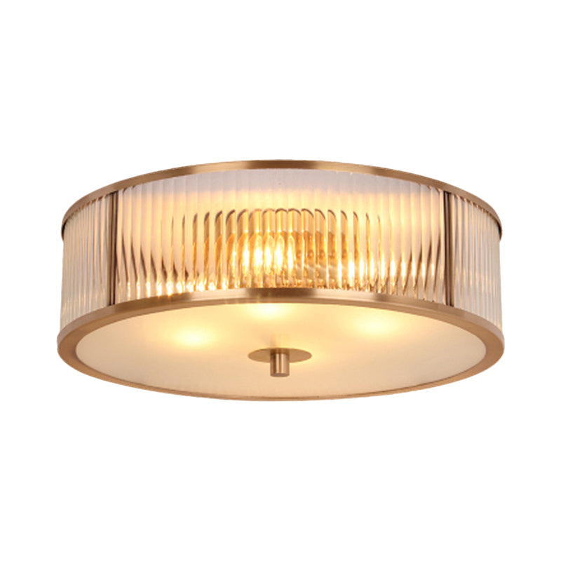 Antiqued Opaline Glass 3 - Head Brass Flush Mount Light With Fluted Drum Design For Bedrooms Ceiling