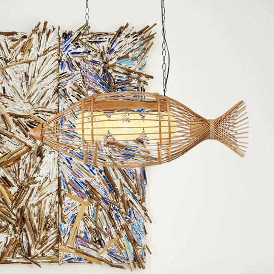 Bamboo Fish Shaped Chandelier Lighting Asian Style 39’/57’ W 3 Bulbs Beige Hanging Light With