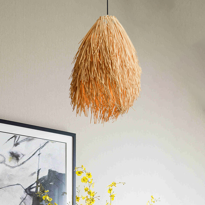 Gisalie - Stylish Beige Teardrop Pendant Lamp Asian 1 - Bulb Rattan Hanging Light Fixture For