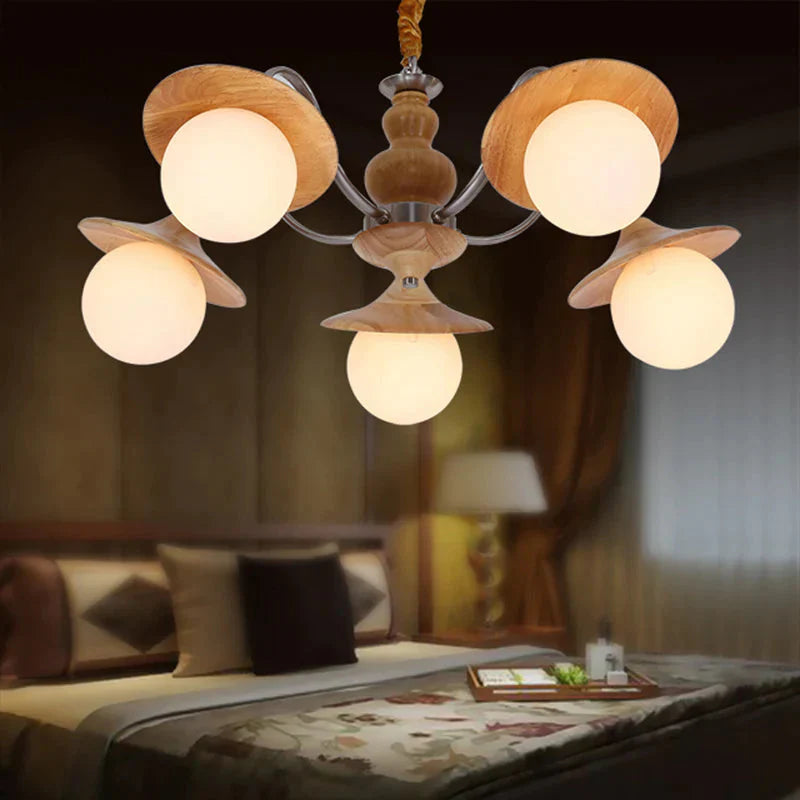 Modern Ball White Glass Chandelier 5 Lights Ceiling Pendant Fixture With Wooden Cap