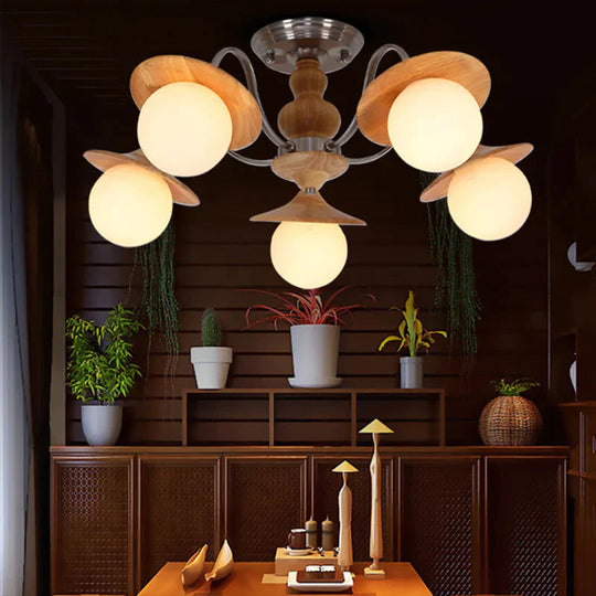 Modern Ball White Glass Chandelier 5 Lights Ceiling Pendant Fixture With Wooden Cap