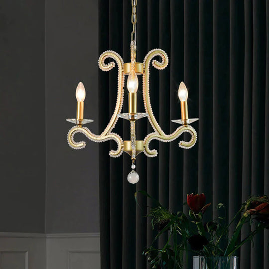 Traditional Candlestick Chandelier 3/6 Heads Crystal Beaded Suspension Lighting With Scroll Arm In