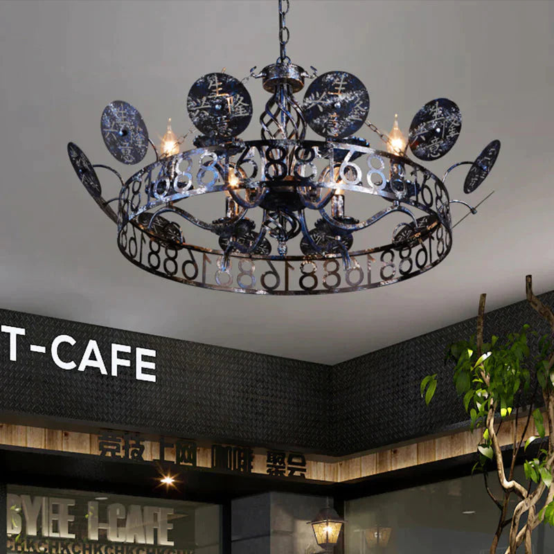 Etched Circular Coffee Shop Hanging Light Antique Wrought Iron 6 Heads Rust Chandelier Lamp With