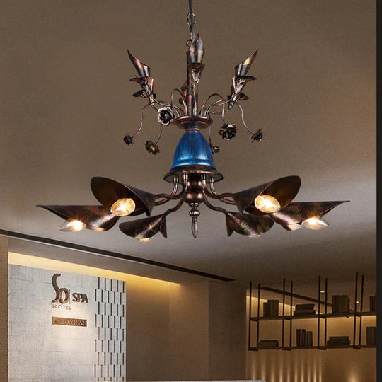 Villa Horn Shade Chandelier Metallic 6 Bulbs Classic Style Pendant Light In Rust Bronze