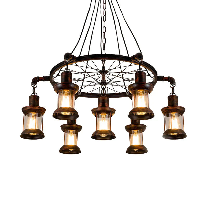 Coastal Lantern Hanging Lamp 7 Lights Clear Glass Chandelier Lighting In Rust With Wheel